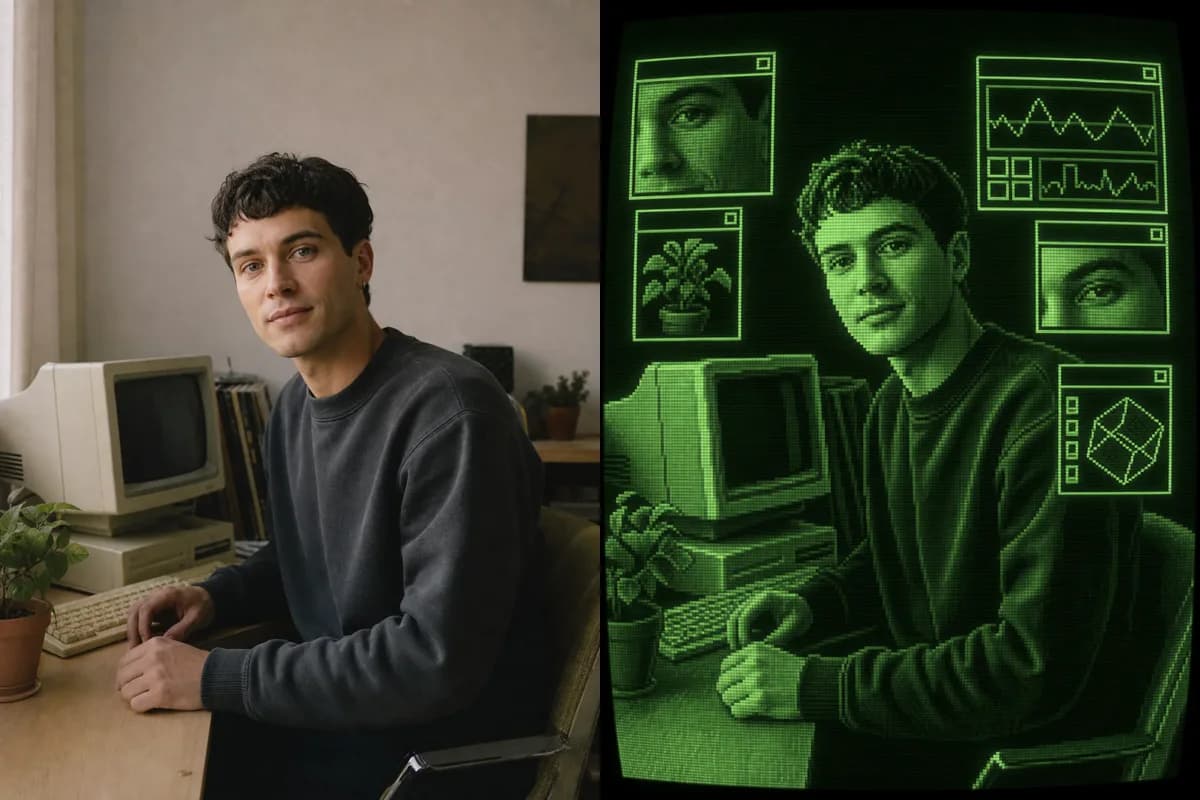 Porträt, das mit einem KI-CRT-Filter in grüne Phosphor-Computerkunst verwandelt wurde