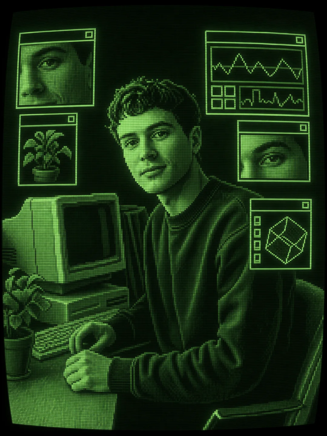 Ritratto trasformato da un filtro CRT AI in un’interfaccia informatica al fosforo verde