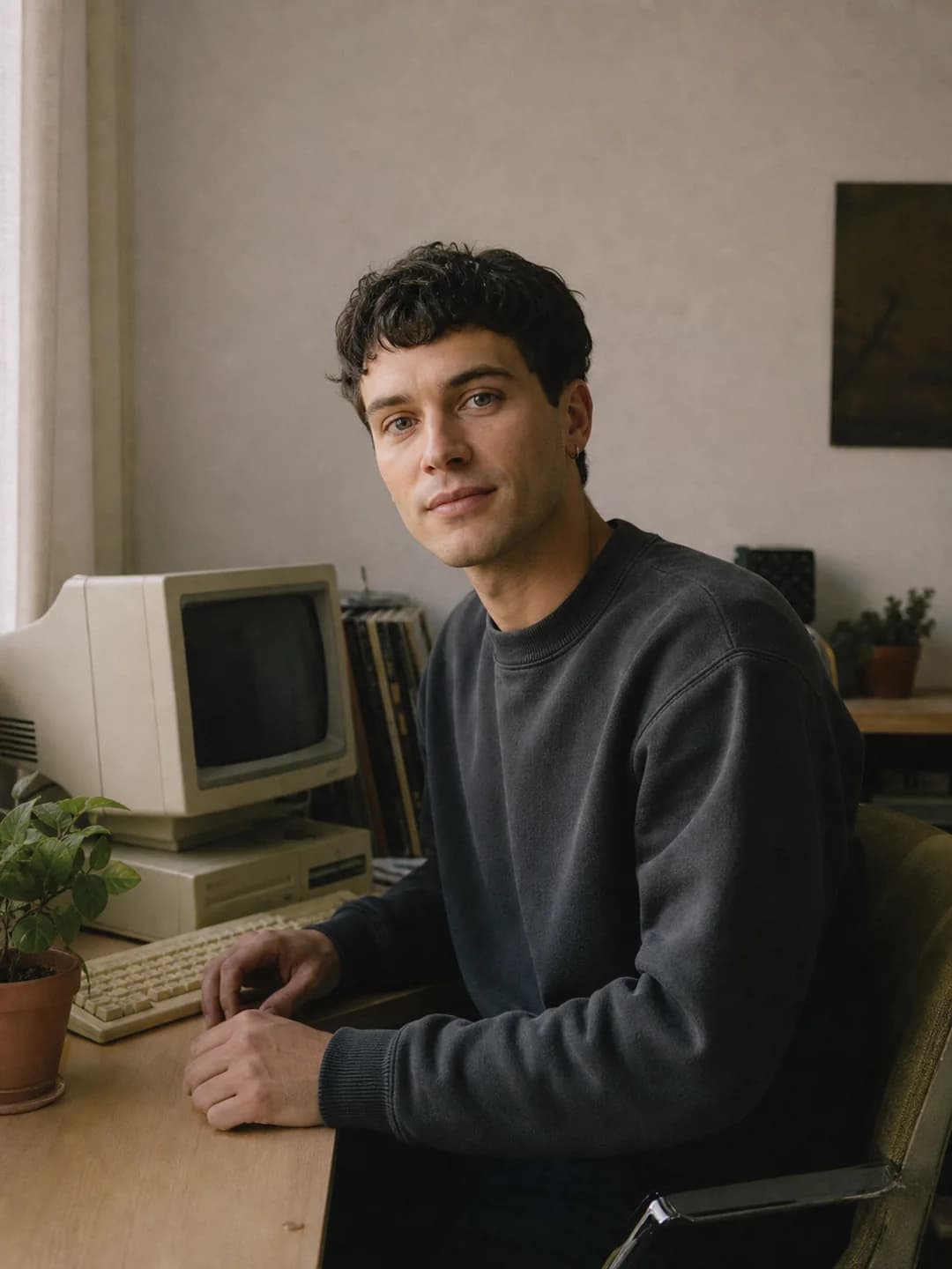 Ritratto trasformato da un filtro CRT AI in un’interfaccia informatica al fosforo verde: Foto