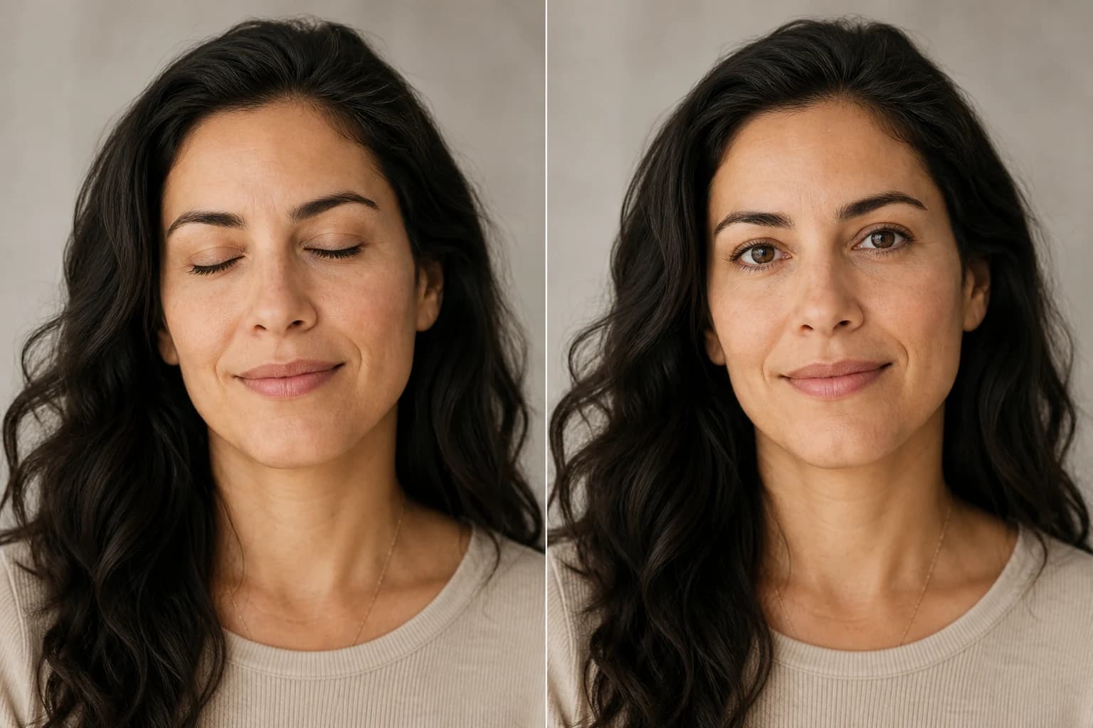 Antes y después de Abrir ojos con IA: un retrato con los ojos cerrados y la misma foto con los ojos abiertos de forma natural por Nano Banana Pro