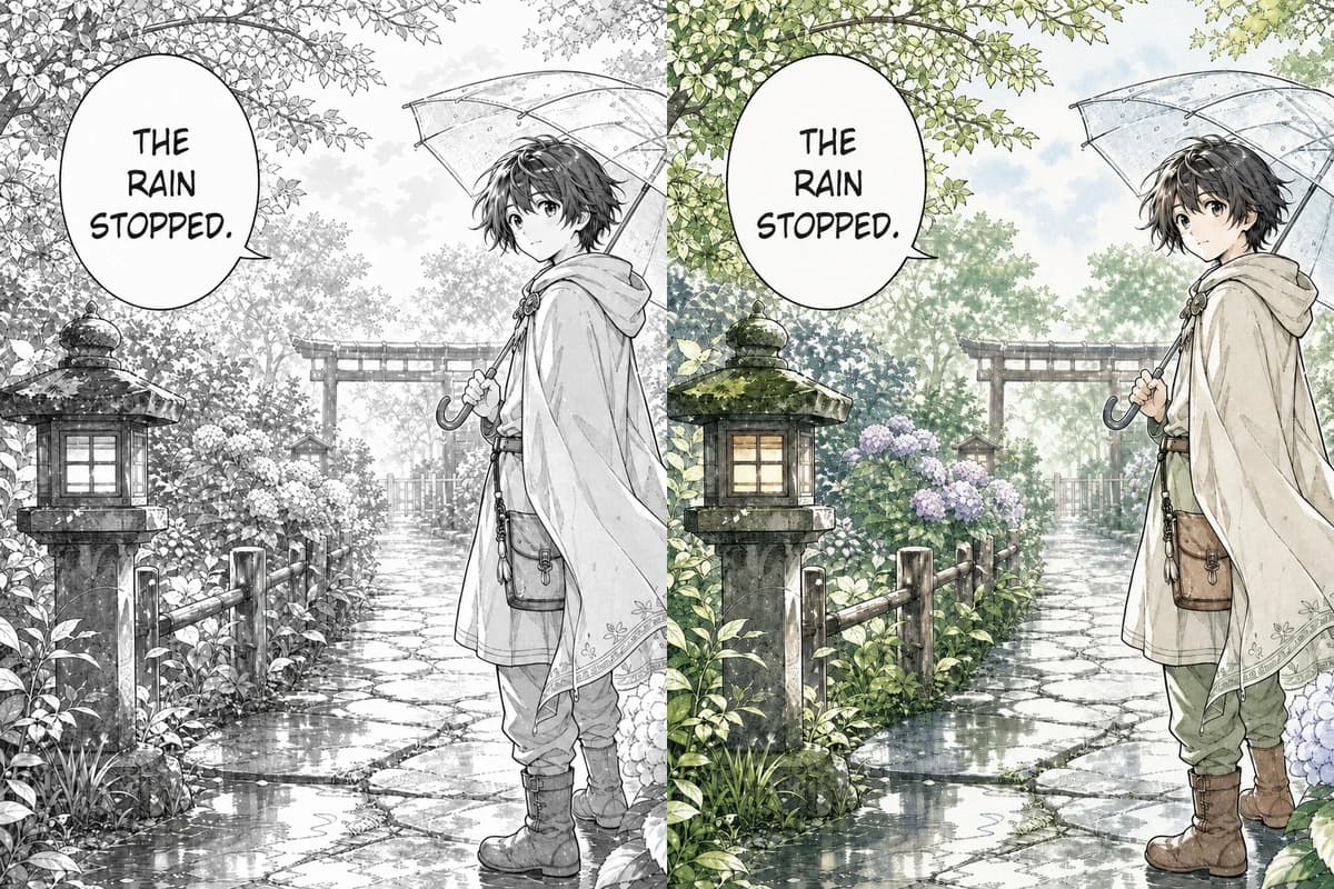 Schwarz-Weiß-Mangapanel mit zwei Schülern auf einem Bahnsteig, von der KI-Manga-Kolorierung im Anime-Cel-Stil koloriert
