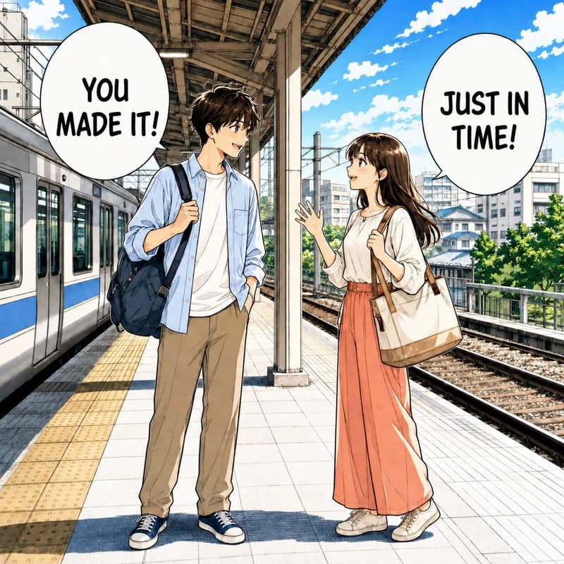 Schwarz-Weiß-Mangapanel mit zwei Schülern auf einem Bahnsteig, von der KI-Manga-Kolorierung im Anime-Cel-Stil koloriert