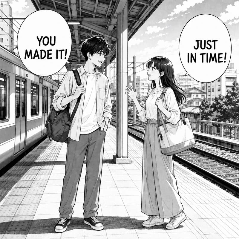 Schwarz-Weiß-Mangapanel mit zwei Schülern auf einem Bahnsteig, von der KI-Manga-Kolorierung im Anime-Cel-Stil koloriert: Lineart