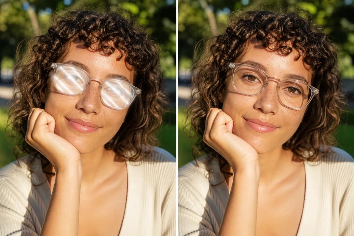 Sonnenreflexion in der Brille im Freien korrigieren. Ein heller Sonnenstreifen quer über den Gläsern? Die Augen werden wieder sichtbar, während transparente Fassung, Sommersprossen, Pose und warmes Außenlicht unangetastet bleiben.